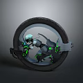 Futuristic Motorcycle Design With Circular Wheel And Green Accent Lighting