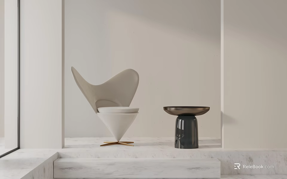Modern Minimalist Leisure Chair With Curved Backrest And Dark Side Table On Marble Platform 3d model 