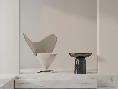Modern Minimalist Leisure Chair With Curved Backrest And Dark Side Table On Marble Platform 3d model