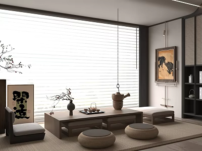 Traditional Teahouse Interior With Tatami And Tea Sets 3d model