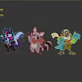 Vibrant Game And Movie Characters Featuring Purple Fox Pink Raccoon And Colorful Parrot