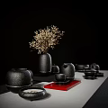Elegant Tea Set Display With Teapot Teacups Red Tray And Dried Flowers Vase 3d model