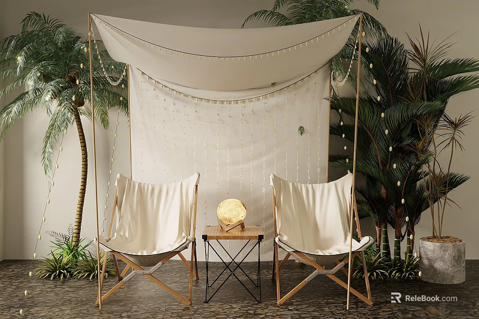 Two Canvas Chairs And Small Wooden Coffee Table With Palm Trees String Lights White Canopy 3d model 