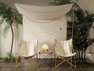 Two Canvas Chairs And Small Wooden Coffee Table With Palm Trees String Lights White Canopy 3d model