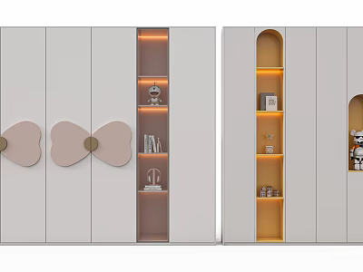 White Wardrobe With Pink Bow Decorations And Illuminated Open Shelves For Books And Decorative Items 3d model