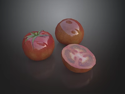 Fresh Red Tomatoes Whole And Sliced With Green Leaves And Inner Flesh Seeds 3d model