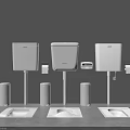 Squat Toilets With Wall Mounted Water Tanks And Side Cylindrical Accessories On Grey Background