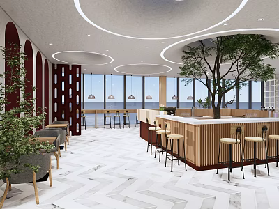 Modern Cafe Interior With Circular Ceiling Wooden Bar Counter Green Plants And High Stools 3d model