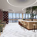 Modern Cafe Interior With Circular Ceiling Wooden Bar Counter Green Plants And High Stools