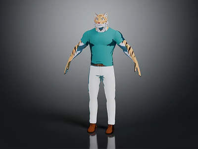 3D Character With Tiger Head And Striped Arms In Turquoise T-Shirt White Pants Brown Shoes 3d model