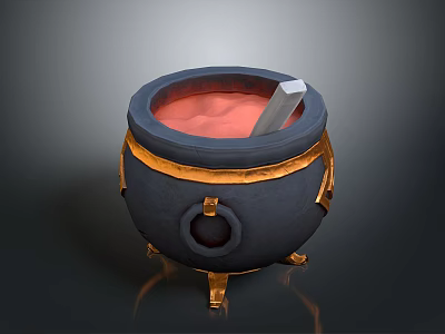 Black Cauldron With Golden Decoration Red Liquid Inside White Stirring Tool And Golden Legs 3d model