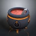 Black Cauldron With Golden Decoration Red Liquid Inside White Stirring Tool And Golden Legs