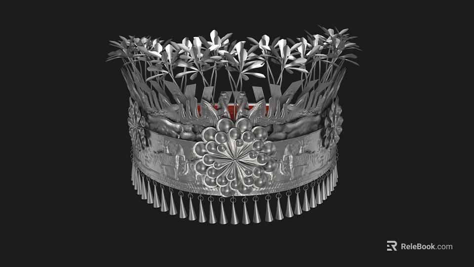 Exquisite Silver Crown Jewelry With Intricate Leaf And Floral Decorations And Tassels 3d model 