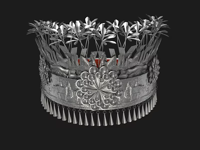 Exquisite Silver Crown Jewelry With Intricate Leaf And Floral Decorations And Tassels 3d model