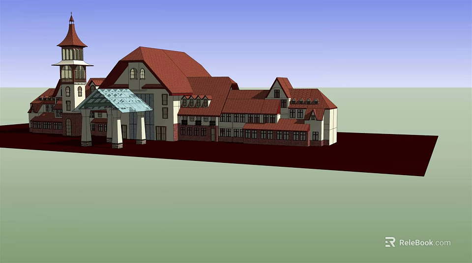 Classic Detached Villa With Red Roof Tower And Spacious Exterior Design 3d model 