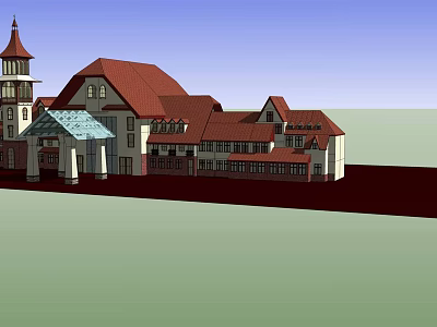 Classic Detached Villa With Red Roof Tower And Spacious Exterior Design 3d model