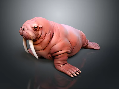 Pink Walrus 3D Model With Long White Tusks On Dark Background 3d model