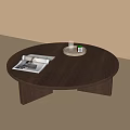 Minimalist Round Wooden Coffee Table With Magazine Tray And Glass Of Water