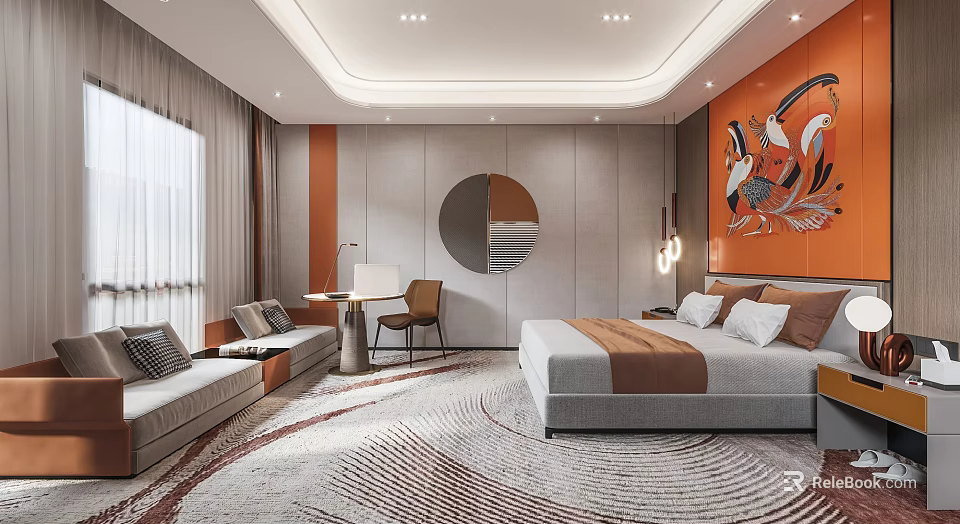 Modern Hotel Room Interior With King Bed Sofa Seating Area Circular Mirror And Area Rug 3d model 