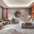 Modern Hotel Room Interior With King Bed Sofa Seating Area Circular Mirror And Area Rug
