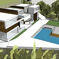 Modern Detached Villa With Swimming Pool Courtyard Glass Facade And Wooden Grilles