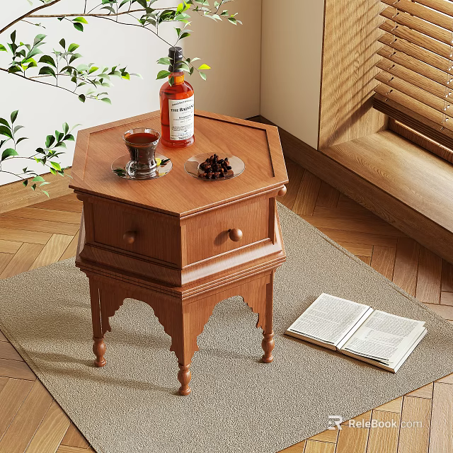 Hexagonal Wooden Side Table with Drawer and Open Book Green Plant Decor 3d model 