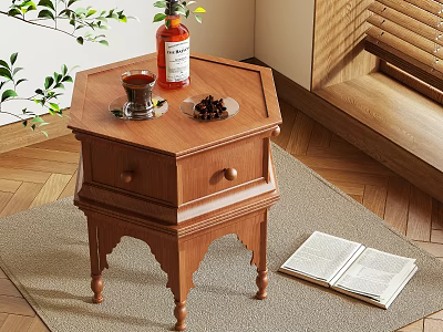 Hexagonal Wooden Side Table with Drawer and Open Book Green Plant Decor 3d model