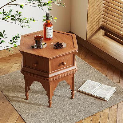 Hexagonal Wooden Side Table with Drawer and Open Book Green Plant Decor 3d model