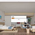 Hotel Guest Room Interior With Wooden Partition Red Painting Bed Sofa And Round Mirror