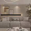 Modern Living And Dining Interior With Light Gray Sofa Marble Coffee Table And Potted Plant