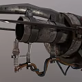 Steampunk Mechanical Weapon With Spiked Protrusions Red Cylinder And Metal Pipes