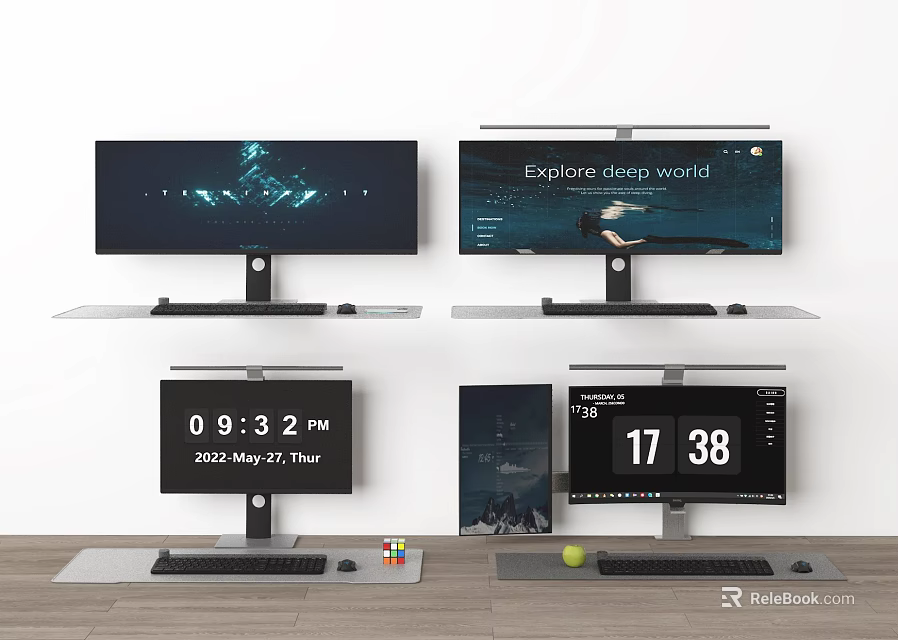Modern Computer Monitor Setup With Adjustable Stands Digital Clock Display And Desk Accessories 3d model 
