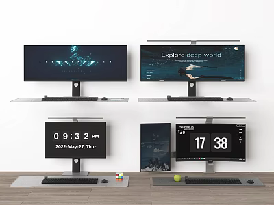 Modern Computer Monitor Setup With Adjustable Stands Digital Clock Display And Desk Accessories 3d model