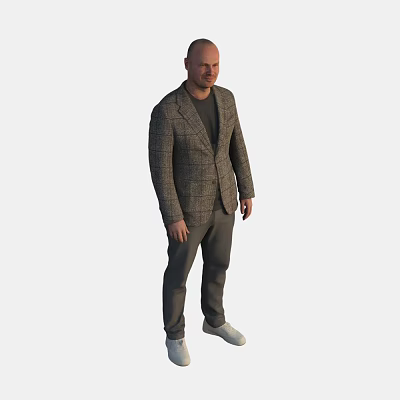 Stylish Man In Plaid Blazer Dark Inner Shirt Gray Pants And White Shoes Outfit 3d model