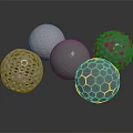 Different Textured Spheres With Holes Bumps Hexagonal Patterns And Orange Accents On Gray Background
