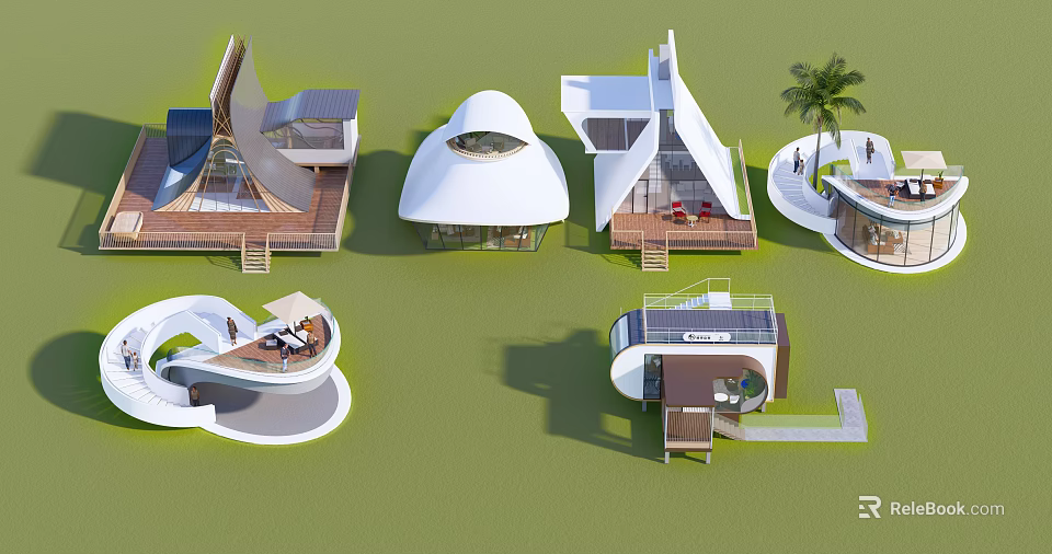 Unique Modern Boutique Hotel Buildings With Solar Panels And Palm Trees 3d model 
