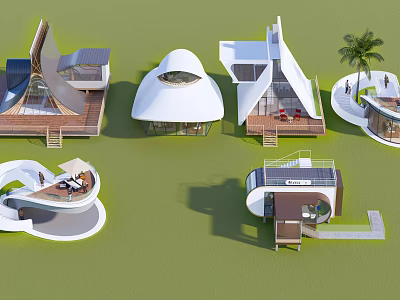 Unique Modern Boutique Hotel Buildings With Solar Panels And Palm Trees 3d model