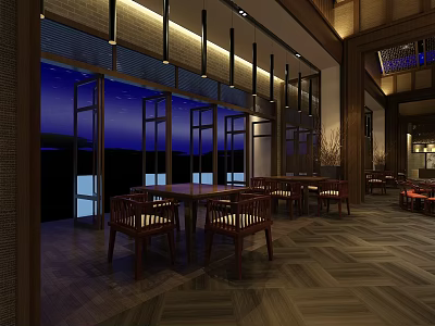 Elegant Banquet Hall Interior Design With Wooden Tables Chairs And Warm Lighting 3d model