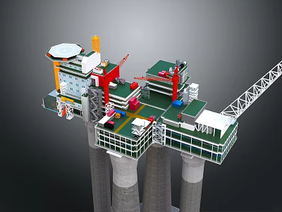 Offshore Oil Platform Building With Tall Concrete Pillars Crane Antenna And Green Roof 3d model