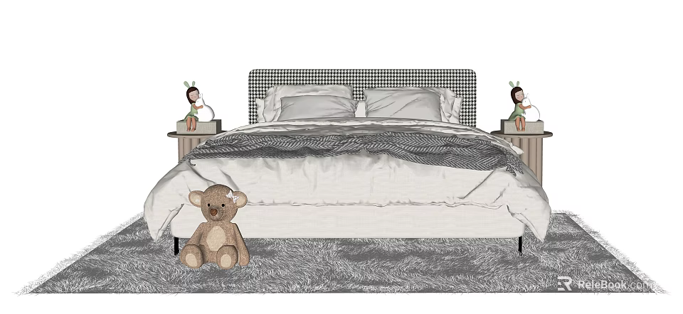 Double Bed With Checkerboard Headboard White Pillows Gray Blanket Nightstands Dolls Teddy Bear On Rug 3d model 