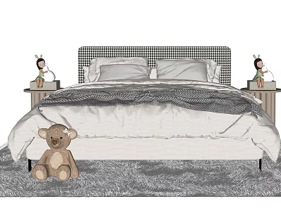 Double Bed With Checkerboard Headboard White Pillows Gray Blanket Nightstands Dolls Teddy Bear On Rug 3d model