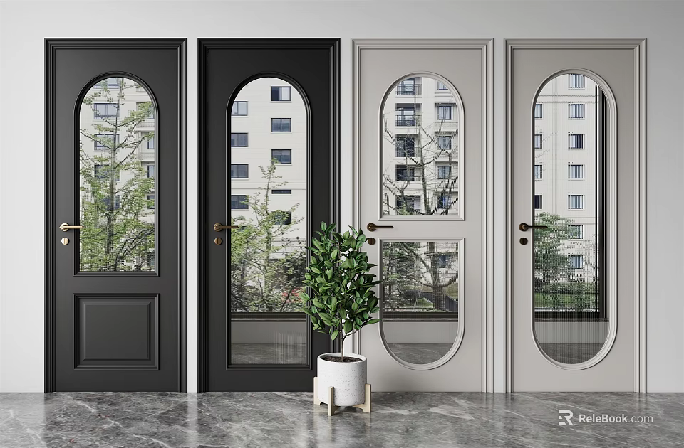 Stylish Black and Light Gray Hinged Doors with Arched Glass and Exterior Building Tree Views 3d model 
