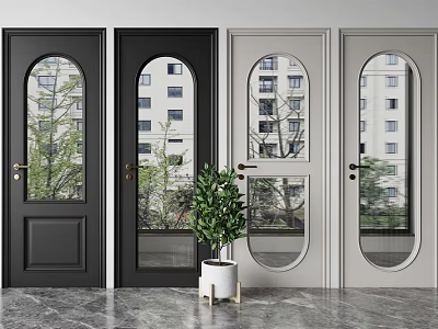 Stylish Black and Light Gray Hinged Doors with Arched Glass and Exterior Building Tree Views 3d model
