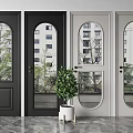 Stylish Black and Light Gray Hinged Doors with Arched Glass and Exterior Building Tree Views
