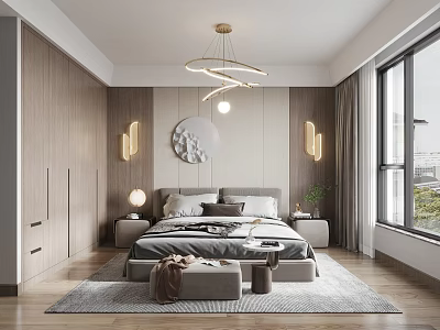 Modern Bedroom Interior With Wooden Wardrobes Circular Decorative Painting Chandelier And Floor to Ceiling Window 3d model