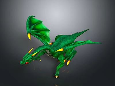 Green Dragon With Wings Yellow Spikes And Red Eyes On Gray Background 3d model