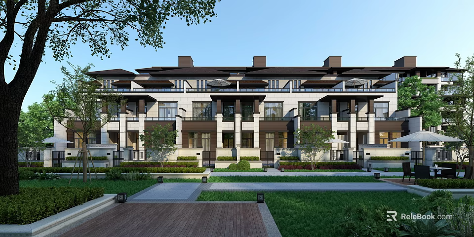 Elegant Modern Townhouse Exterior Design with Landscaped Lawn Greenery and Balconies 3d model 