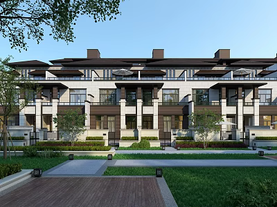 Elegant Modern Townhouse Exterior Design with Landscaped Lawn Greenery and Balconies 3d model