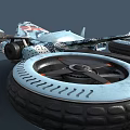 Four Wheel Vehicle With Blue And White Camouflage Pattern Large Tires And White Wheel Hubs