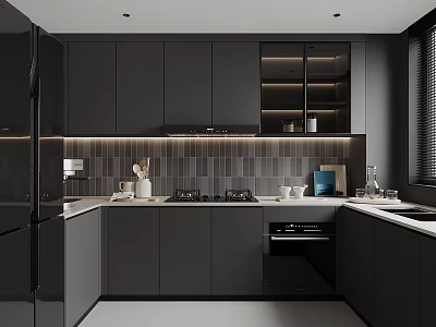 Modern Dark Gray Kitchen Interior With Cabinets Stove Range Hood And Tile Backsplash 3d model